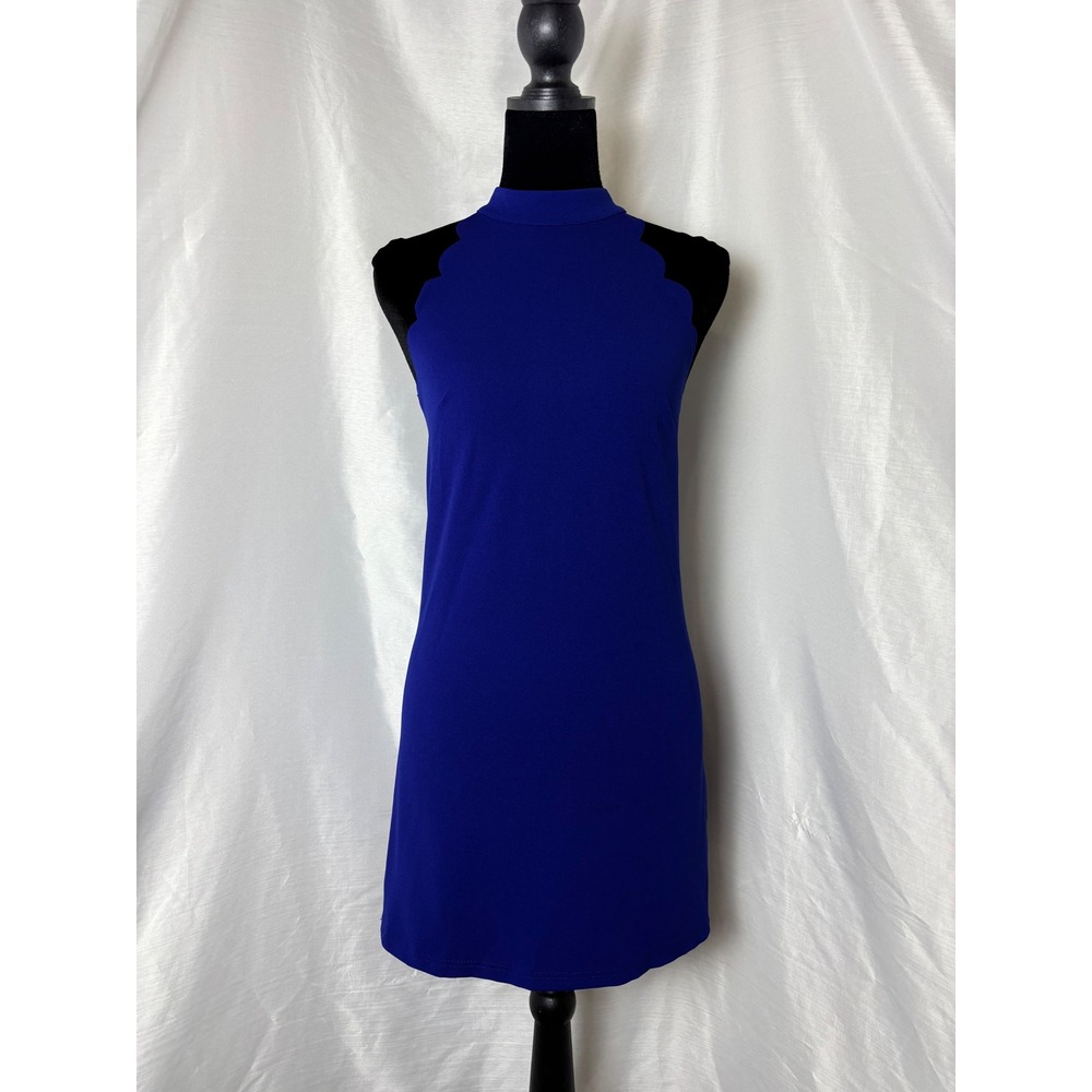 BCX Dress Mini Dress Womens XS Blue Scalloped Mock Neck Sleeveless
